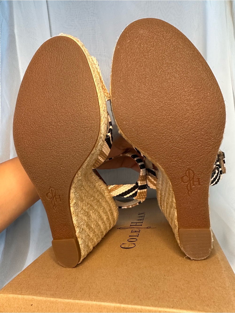Cole Haan Beige, Black & White Striped Woven Ankle-Strap Sandals - Picture 8 of 11